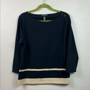 Lauren Ralph Lauren Black & Tan 3/4 Sleeve Bateau Neck Top XL